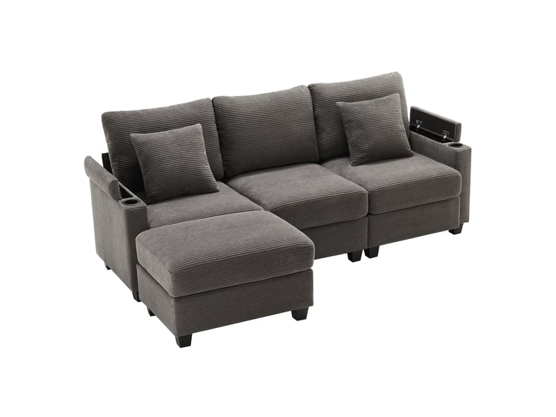 Canapé d’angle modulable 213,5 x 139 cm – gris foncé – usb, rangement, porte-gobelets, pouf mobile – 4 places - Conforama A