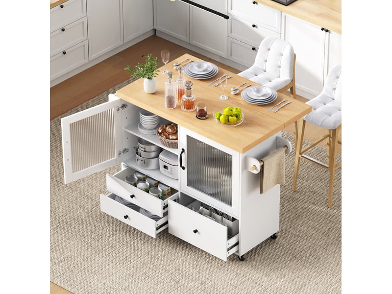  Desserte de cuisine 100x42-70 cm blanc et bois clair en mdf, plateau extensible avec rangements et roulettes  - Conforama B