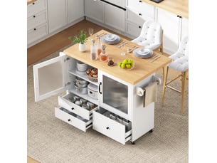 Desserte de cuisine 100x42-70 cm blanc et bois clair en mdf, plateau extensible avec rangements et roulettes