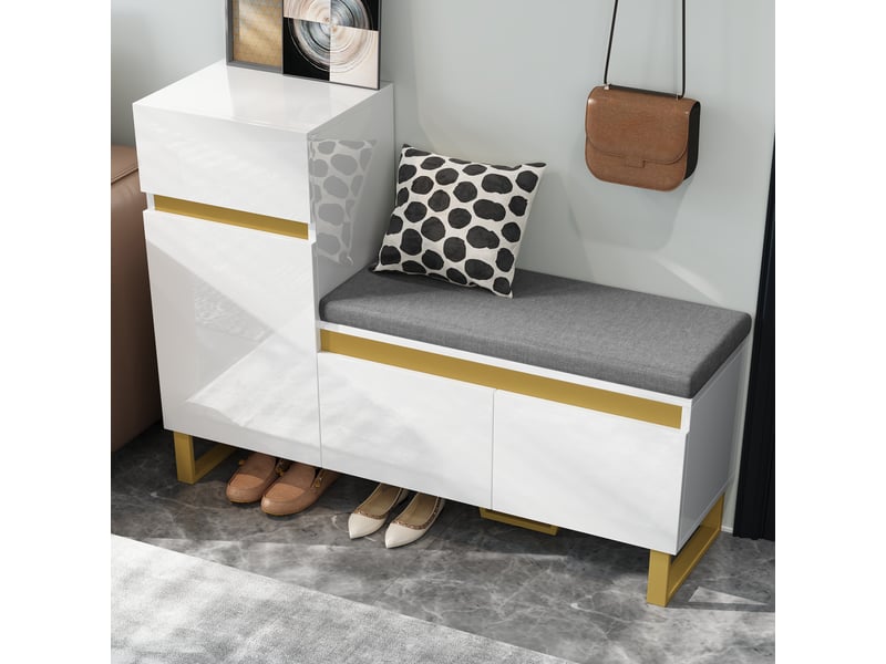  Meuble à chaussures avec 2 portes, 1 tiroir et banc rembourré, rangement d'entrée en mdf, blanc, 120 × 35 × 85 cm - uvrion  - Conforama C