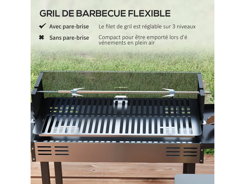  Barbecue à charbon avec rôtissoire, grille trois niveaux et étagères pliables, 118 x 32 x 90 cm  - Conforama W