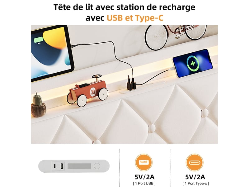  Lit coffre 90x200 cm avec led et usb, lit simple capitonné avec rangement hydraulique, lit 1 place avec sommier à lattes, lit adulte avec tête de lit rembourrée, velours blanc  - Conforama R