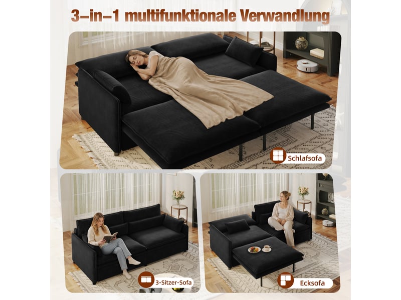  Canapé-lit 3 places 206x91x86 cm 3-en-1 avec rangement coloris noir  - Conforama E