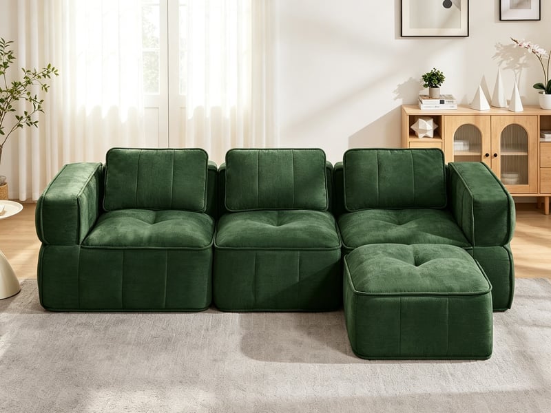  Sofa d'angle 3 places, avec repose-pieds, mousse 32d, assise profonde, revêtement doux, 271×162×67 cm, vert  - Conforama B