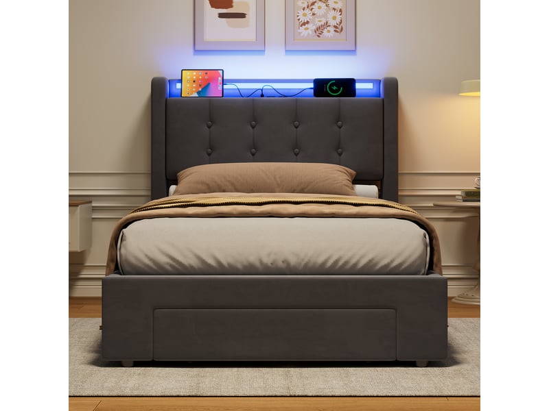  Lit coffre 90x200 cm, led, usb, rangement tête de lit et tiroir intégré  - Conforama D
