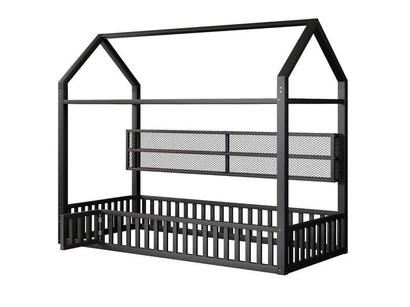 Lit plateforme 90x200 cm – lit enfant moderne avec design cabane led et garde-corps – métal – noir CozyNest - Conforama C
