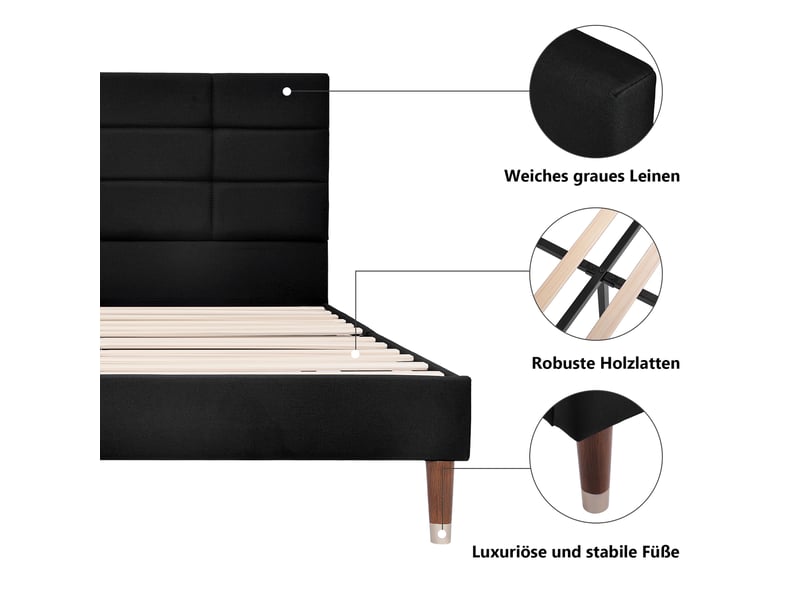  Lit double 140x200cm avec sommier à lattes, cadre de lit rembourré avec tête de lit, en lin gris foncé, pour adulte et adolescents  - Conforama D