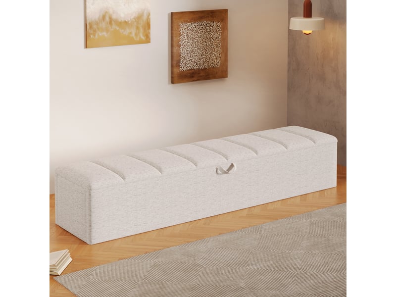  Banc coffre rembourré, 163 × 32 × 36 cm, blanc, velours, rangement intégré, assise relevable, mobile, barrière ouvrante  - Conforama B