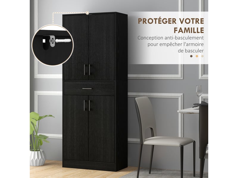  Buffet haut armoire de cuisine 4 portes 2 placards et 1 tiroir central hauteur 180 cm avec 2 réglables étagères noir  - Conforama W