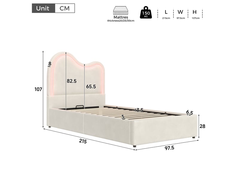 Lit enfant 90x200 cm, lit coffre hydraulique, sommier à lattes, tête de lit rembourrée, velours, beige - Conforama C