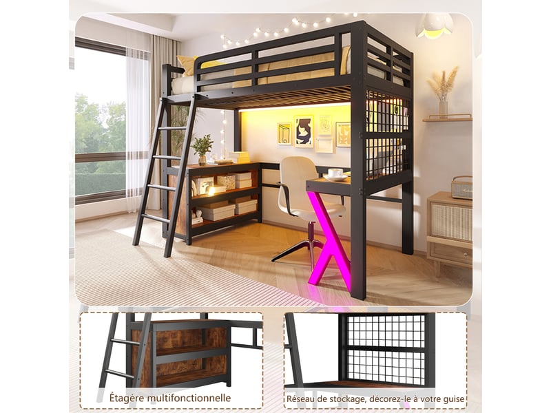  Lit mezzanine 90x200 cm, bureau, bandeau led, armoire de rangement, sans matelas, noir  - Conforama E