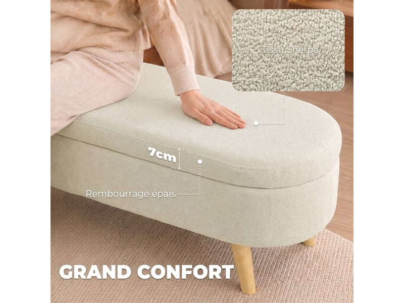 Banc banquette, bout de lit, coffre de rangement 2 en 1 en tissu avec pieds en bois, 110l x 40p x 43h cm, crème  - Conforama E