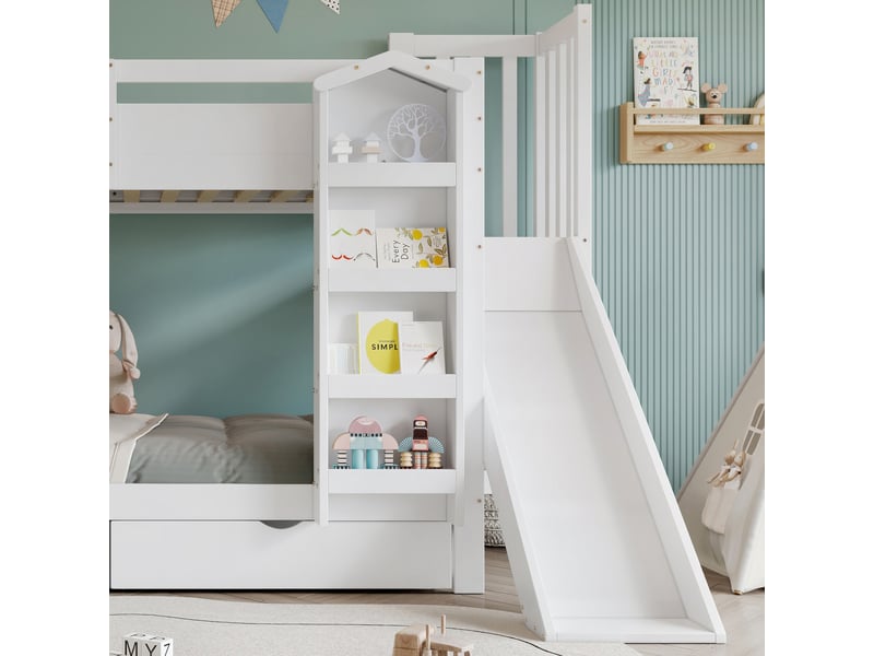  Lit superposé enfant 90x200cm, toboggan, escalier avec rangements, bibliothèque et 2 tiroirs, pin et mdf, blanc C-DEGAYUN - Conforama E