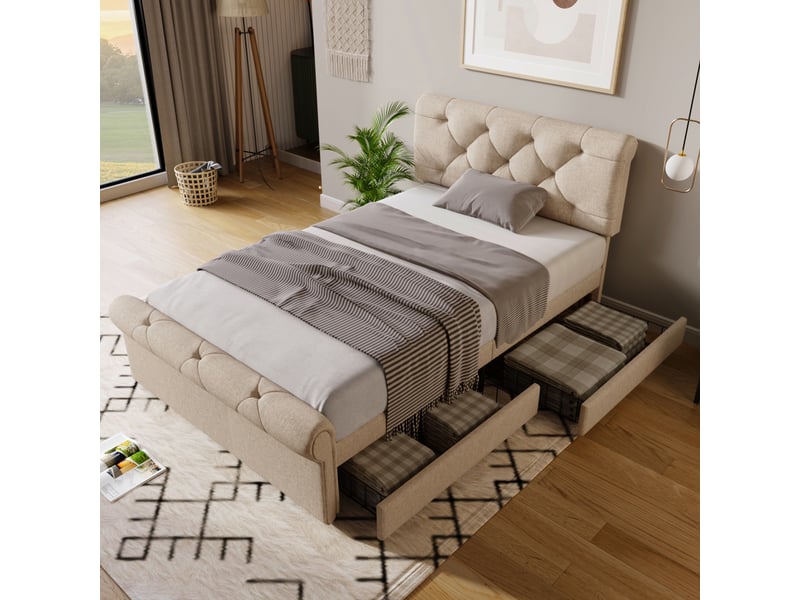  Lit avec tiroirs 90x200 cm, lit simple rembourré avec 2 tiroirs et tête réglable, sans matelas, naturel  - Conforama C
