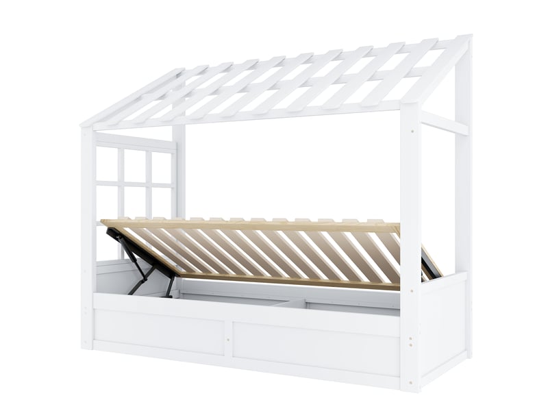  Lit enfant cabane,90x200 cm,avec rangement hydraulique et niches latérales,blanc  - Conforama D