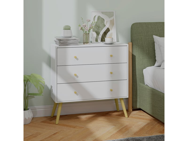  Commode 3 tiroirs design scandinave piètement effilé incliné bois pin panneaux blancblanc 80 x 30 x 80 cm  - Conforama D