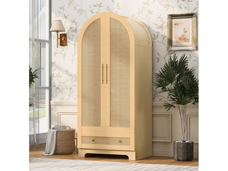  Armoire avec 2 portes et 2 tiroirs, grand espace de rangement, effet rotin, pour chambre, bois, 70 × 55 × 170 cm  - Conforama B