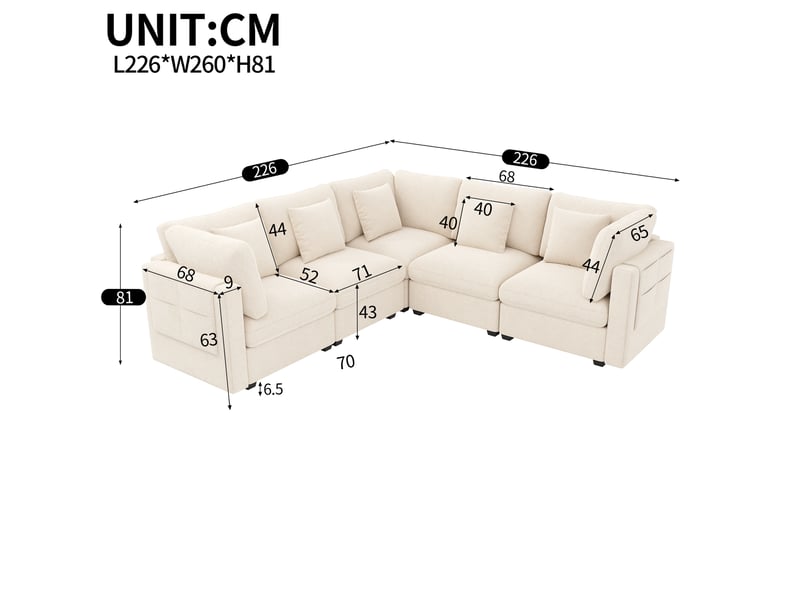  Canapé d’angle modulable xl 5 places 226 x 226 x 81 cm grand canapé en l avec méridienne chenille beige  - Conforama C
