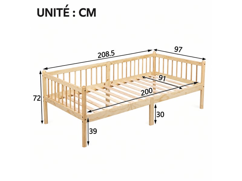  Lit de repos 90 x 200 cm en pin avec barrières 3 côtés, 14 lattes, finition naturelle  - Conforama C
