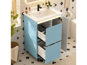 Meuble salle de bain bleu 61 cm avec vasque en céramique intégrée sur pied