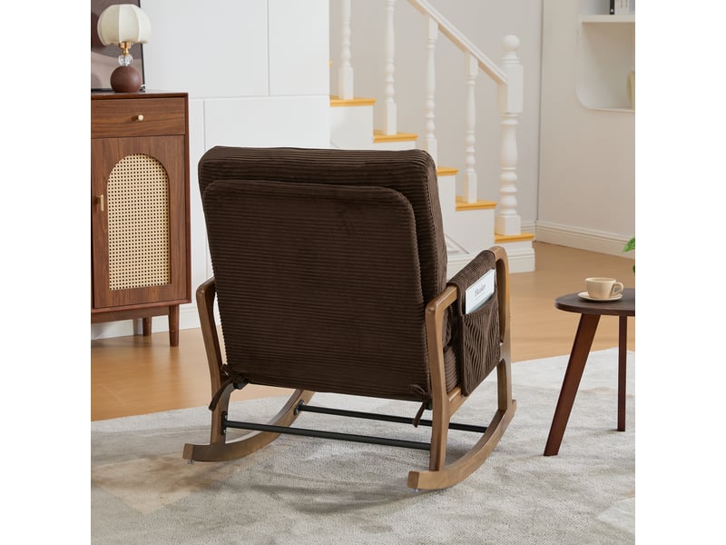  Fauteuil à bascule velours côtelé marron avec repose-pieds rétractable, dossier réglable et coussin lombaire, 70x80x92 cm  - Conforama R