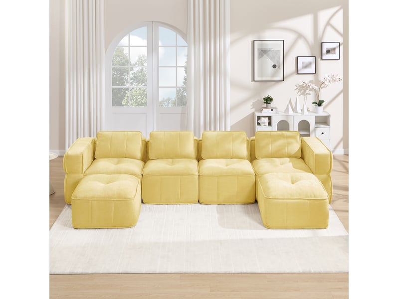  Canapé panoramique en u modulable 4 places avec 2 poufs, mousse 32d et base antidérapante en polyester jaune  - Conforama B