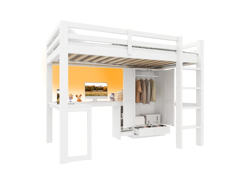  Lit mezzanine 90x200cm avec bureau, étagères, armoire, port usb et éclairage led, blanc  - Conforama A