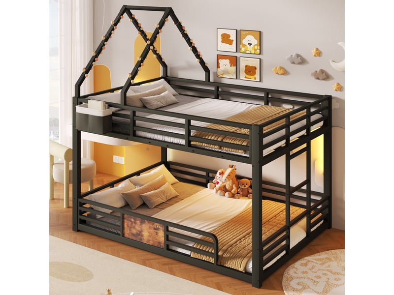  Lit superposé enfant 140x200 cm métal led, design maison, lit cabane mezzanine enfant, cadre toit diy, poches rangement, garde-corps sécurisé - noir  - Conforama D
