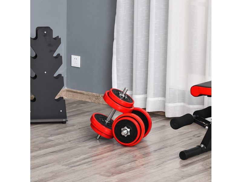 Set d'haltères 2-en-1 réglable 20 kg rouge et noir, avec barres courtes et barre longue pour entraînement à domicile - Conforama B