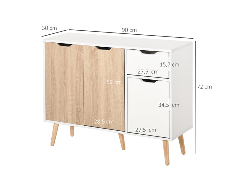  Buffet moderne pour le salon, avec 3 portes et un tiroir, table d'appoint pour le salon, 90 x 30 x 72 cm, blanc et naturel  - Conforama E