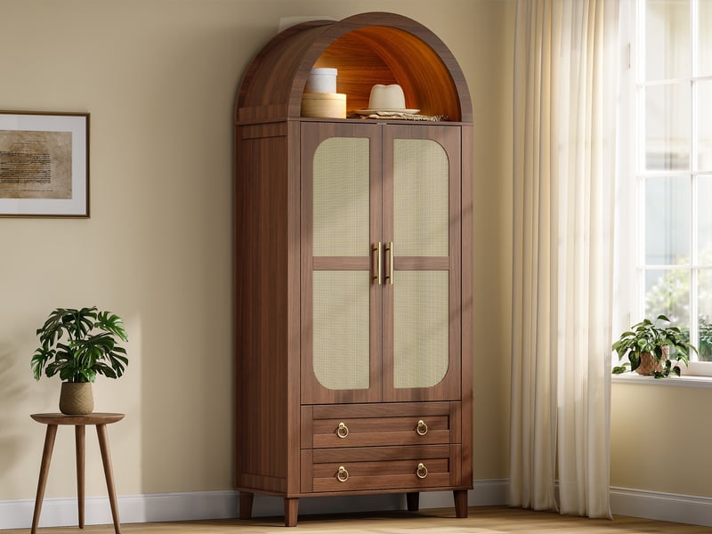  Armoire cintrée led pilotée par appli, porte rotin, penderie, 2 tiroirs, pb – 76×50×184 cm, noyer  - Conforama B