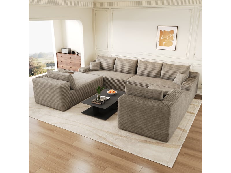  Canapé modulable convertible 302 x 242 x 83 cm 4 places avec 2poufs, canapé-lit sans structure, design minimaliste, velours côtelé, camel Bliss Lite - Conforama D