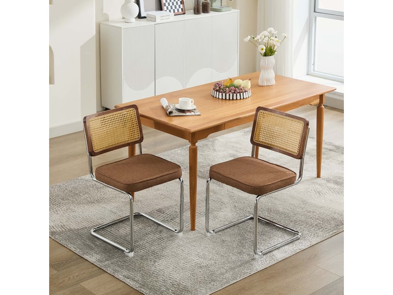 Lot de 2 chaises de salle à manger – velours brun, dossier rotin, base chrome - chaise idéales pour cuisine et salle à manger - style vintage - Conforama B