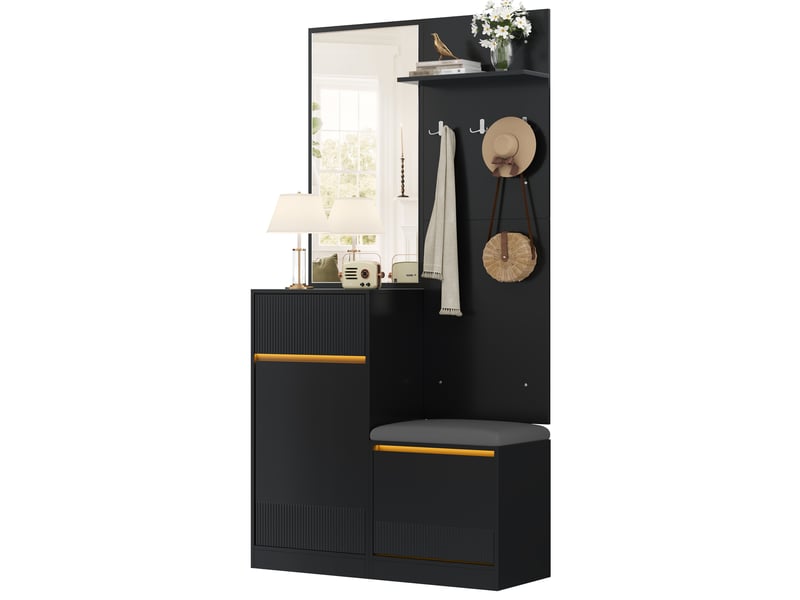 Ensemble meuble d'entrée noir avec banc à chaussures et miroir, vestiaire d'entrée moderne led 105 cm - Conforama A