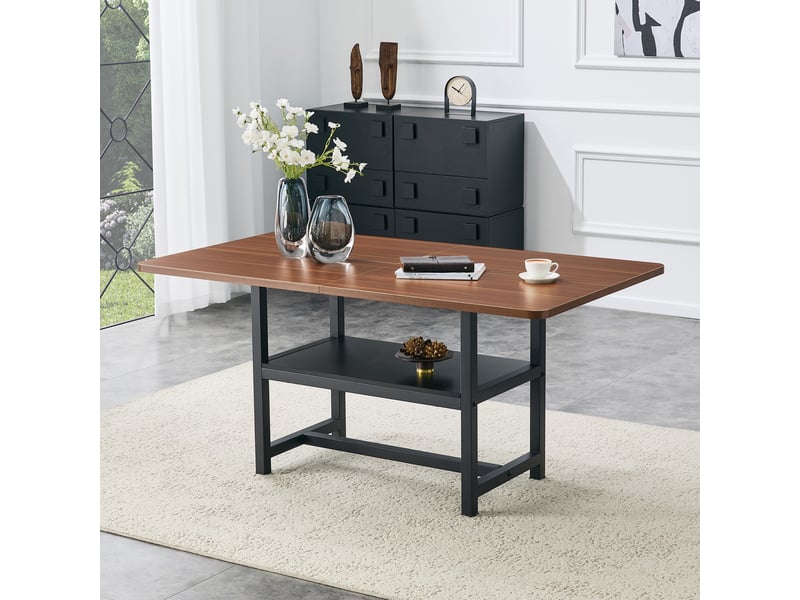  Table de salle à manger 4 à 6 personnes avec étagère en mdf et métal 160×90×76 cm noyer et noir  - Conforama C