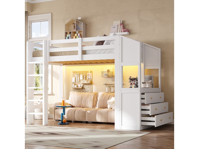 Lit mezzanine simple 90×200 cm avec 3 tiroirs, étagères et led - okmyhome- blanc, sans matelas, bois et mdf - Conforama C