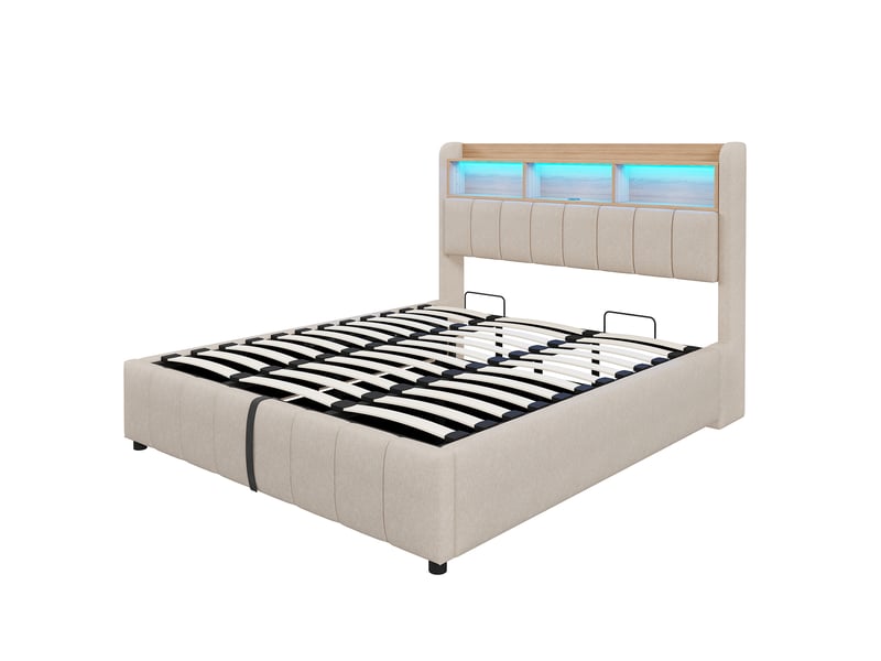  Lit capitonné 180x200 cm beige en lin, led, prise usb, tête avec rangements et coffre hydraulique et cadre métal stable  - Conforama A