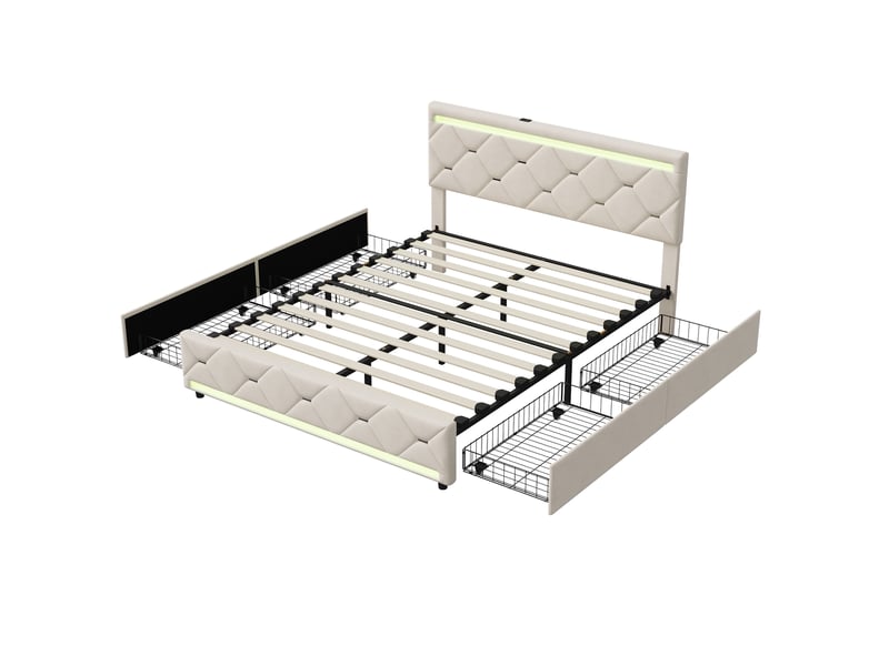 Lit double 160x200 cm,lit capitonné avec led et usb, lit rembourré avec 4 tiroirs de rangement,lit 160x200,velours,beige  - Conforama A