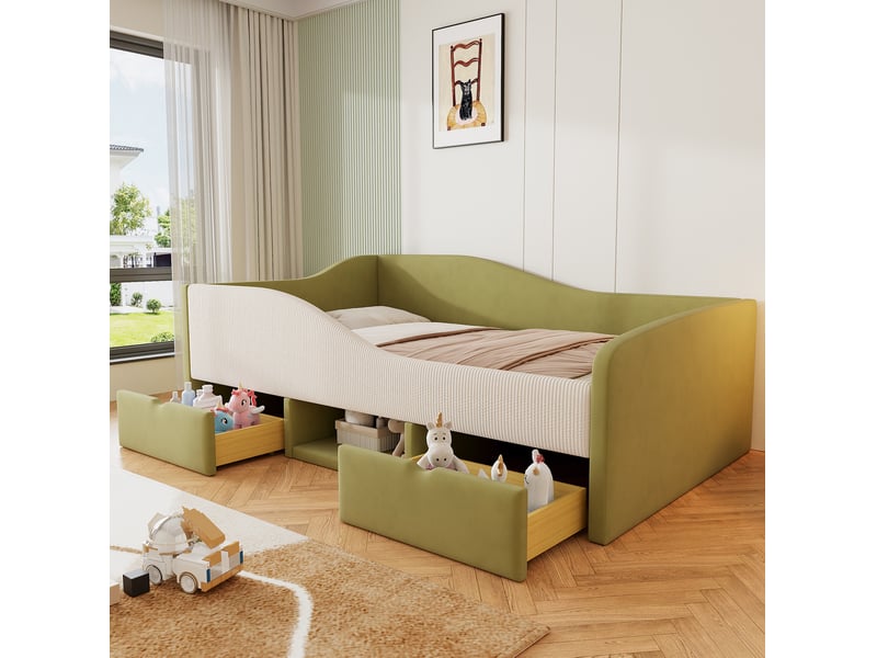 Lit enfant 90x190 cm, 2 tiroirs de rangement, garde-corps, mdf et velours, vert foncé et crème, sécurisé, sans matelas - Conforama D