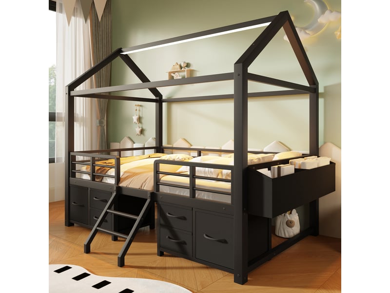 Lit mezzanine - 90x200 cm - tiroirs de rangement - éclairage led - structure métal - lit enfant - solution gain de place - noir CozyNest - Conforama B
