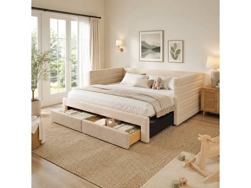  Lit gigogne 90x190 cm convertible en lit double, 2 tiroirs, en coton et lin beige  - Conforama D