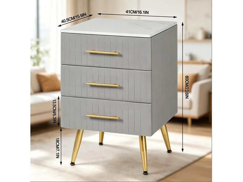  Table de chevet avec 3 tiroirs sur pieds métalliques dorés, revêtement en velours gris, pour chambre, 40,5 × 41 × 62 cm  - Conforama E