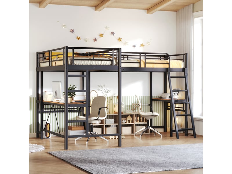  Lit mezzanine avec bureau 90x200 cm, lit en métal noir avec double escalier et barrière de sécurité haute pour chambre d'enfant.  - Conforama E