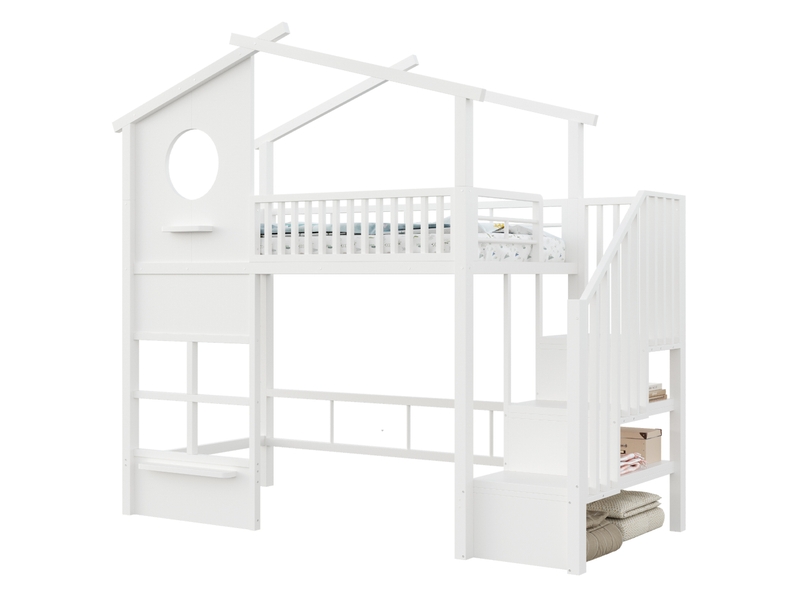 Lit mezzanine enfant 90x200 cm blanc forme maison avec escalier de rangement et led - Conforama A