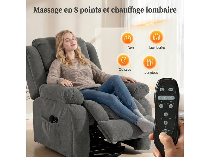  Fauteuil releveur électrique massant chauffant inclinable repose-pieds tissu anthracite  - Conforama E