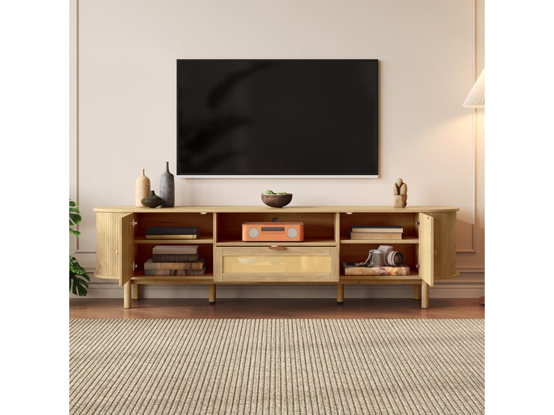  Meuble tv rotin avec plateau en bois arrondi, 175 cm, tiroirs de rangement et pieds en métal, style moderne pour salon  - Conforama D