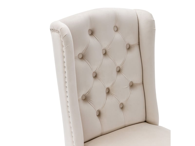  Chaise de salle à manger lot de 6, velours beige chaise rembourrée, pieds en chêne, dossier capitonné, heurtoir chromé, clous tapissiers  - Conforama D