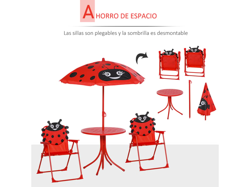  Ensemble table chaises jardin enfant, pique-nique pliable, parasol hauteur 100-125cm, motif coccinelle rouge.  - Conforama E