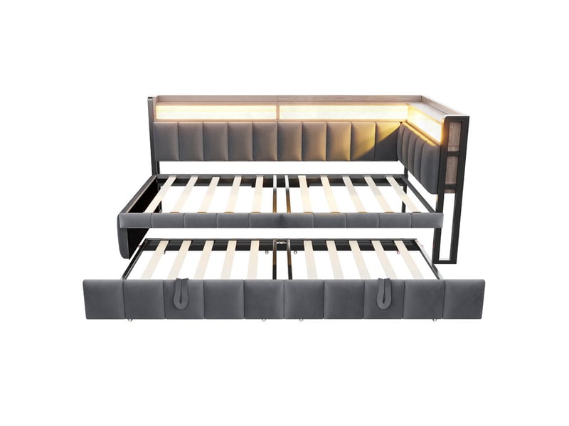 Lit rembourré 90 x 200 cm avec lit gigogne, led, rangements tête et pied, ports usbusb-c, velours gris foncé - Conforama A