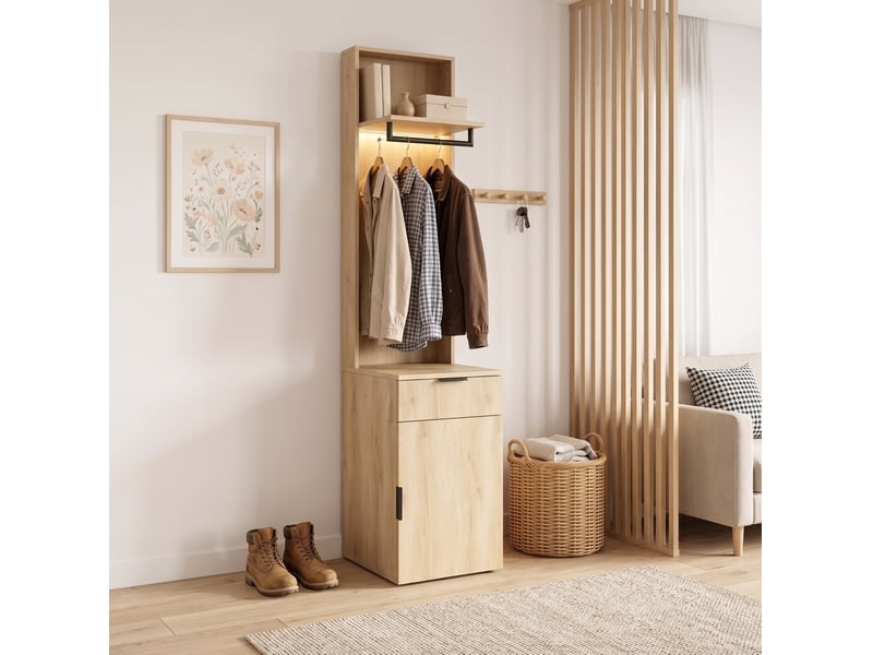  Garde-robe d'entrée 45x47x200 cm avec éclairage led et tiroir à bijoux mdf couleur bois clair  - Conforama D